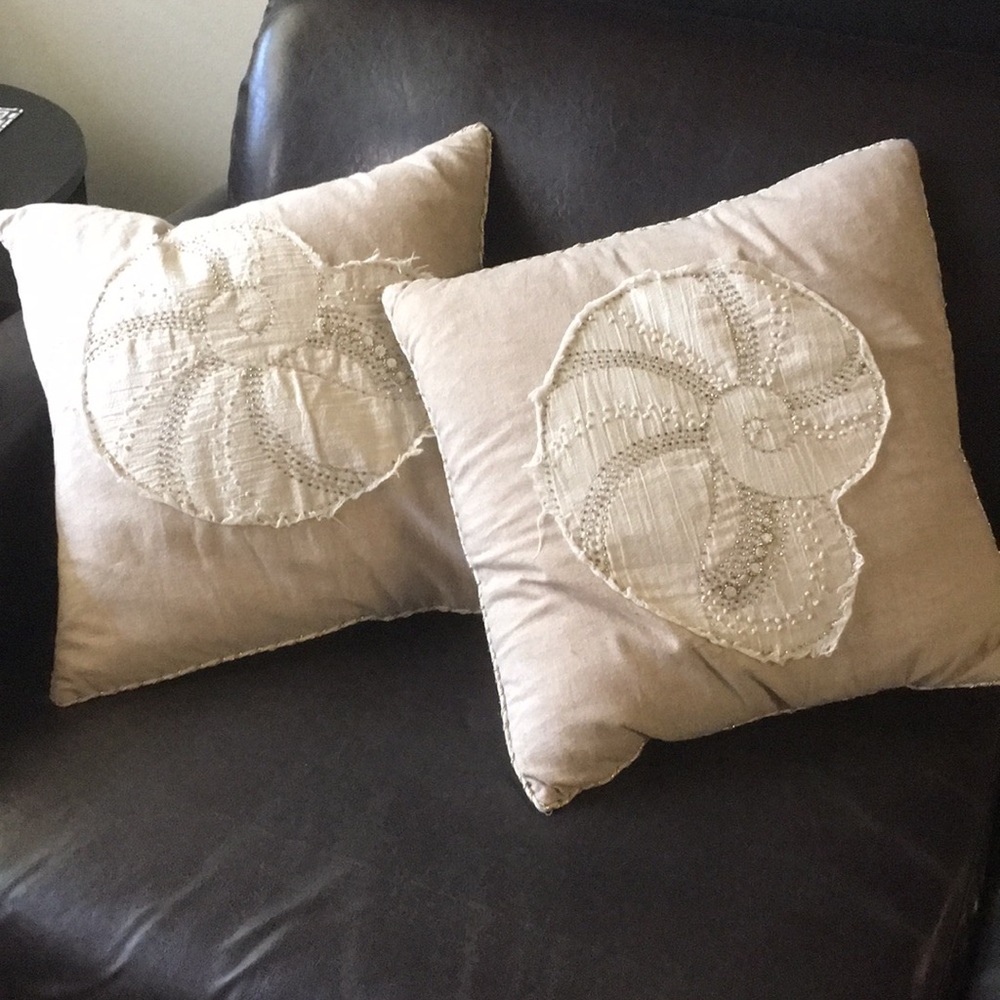 2 Khaki Beaded Seashell Pillows